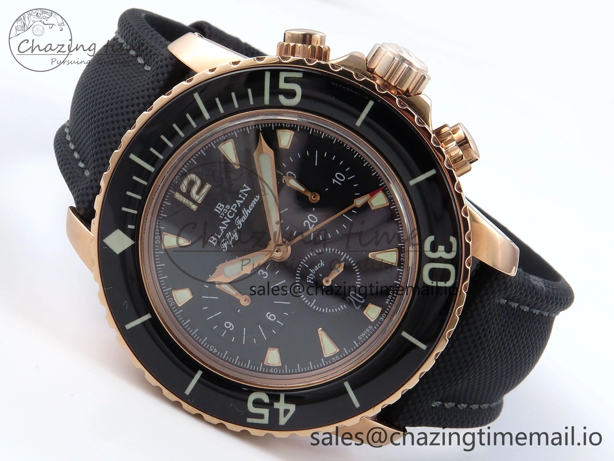 AllSeason Fifty Fathoms Chrono RG OMF 1:1 Best Edition Black Dial on Black Sail-canvas Strap A 5258