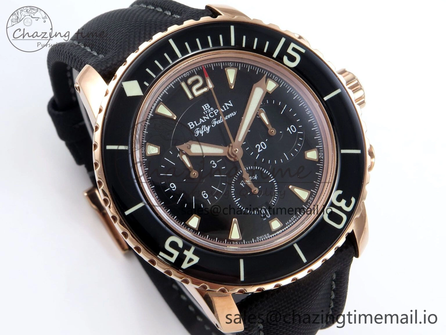 AllSeason Fifty Fathoms Chrono RG OMF 1:1 Best Edition Black Dial on Black Sail-canvas Strap A 5258
