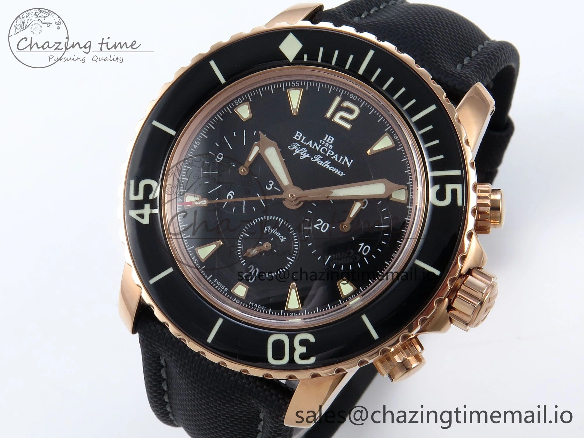 AllSeason Fifty Fathoms Chrono RG OMF 1:1 Best Edition Black Dial on Black Sail-canvas Strap A 5258