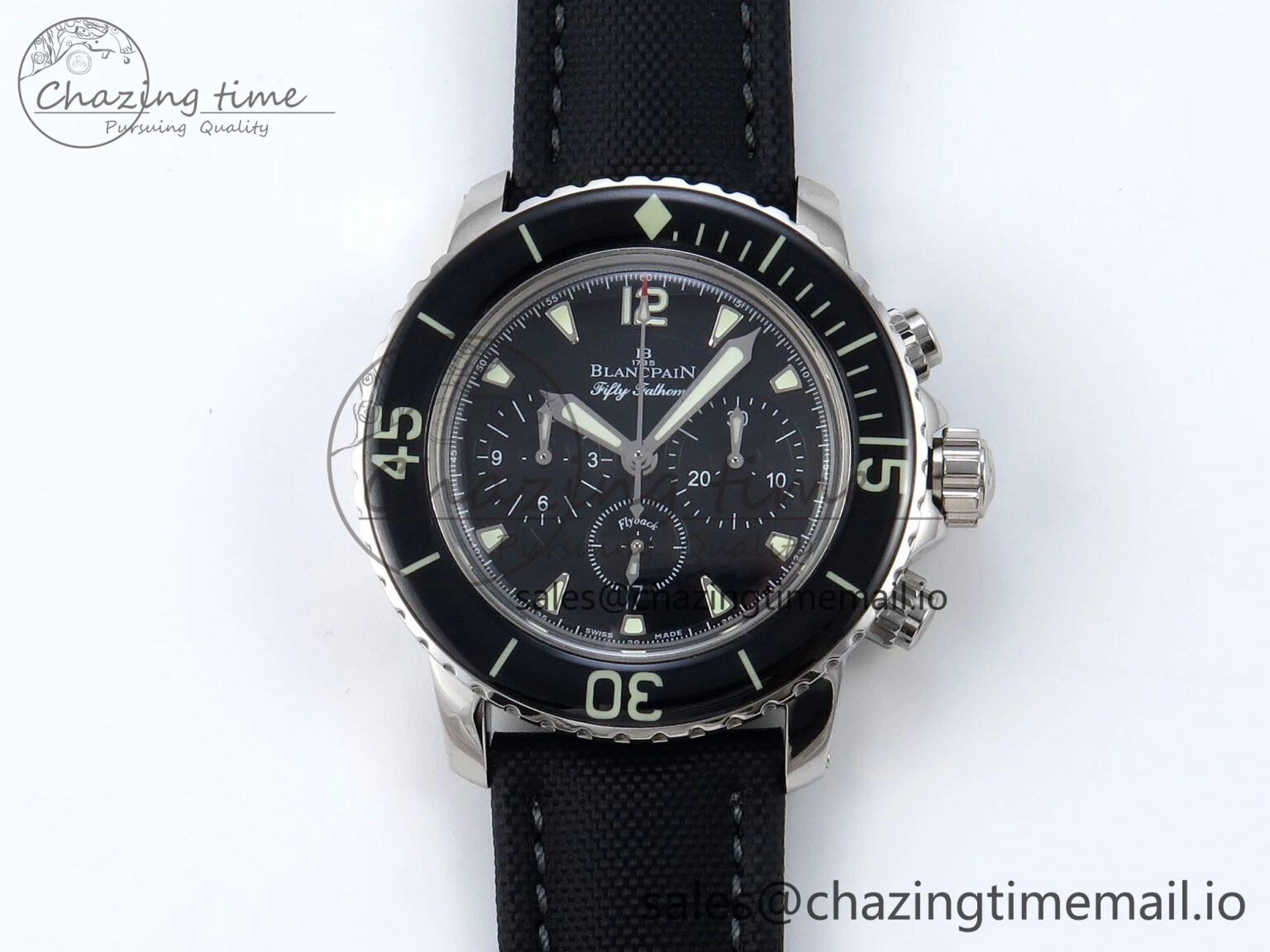 Fifty Fathoms Chrono SS OMF 1:1 Best Edition Black Dial on Black Sail-canvas Strap A Sustainable 5259