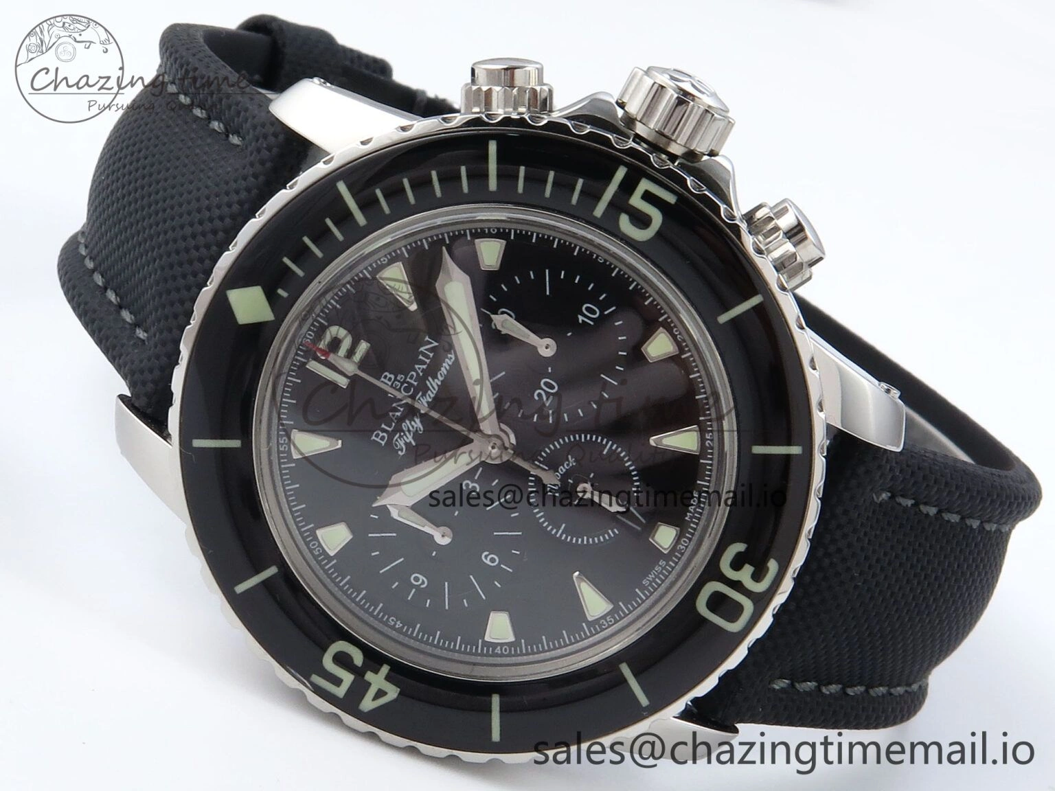 Fifty Fathoms Chrono SS OMF 1:1 Best Edition Black Dial on Black Sail-canvas Strap A Sustainable 5259