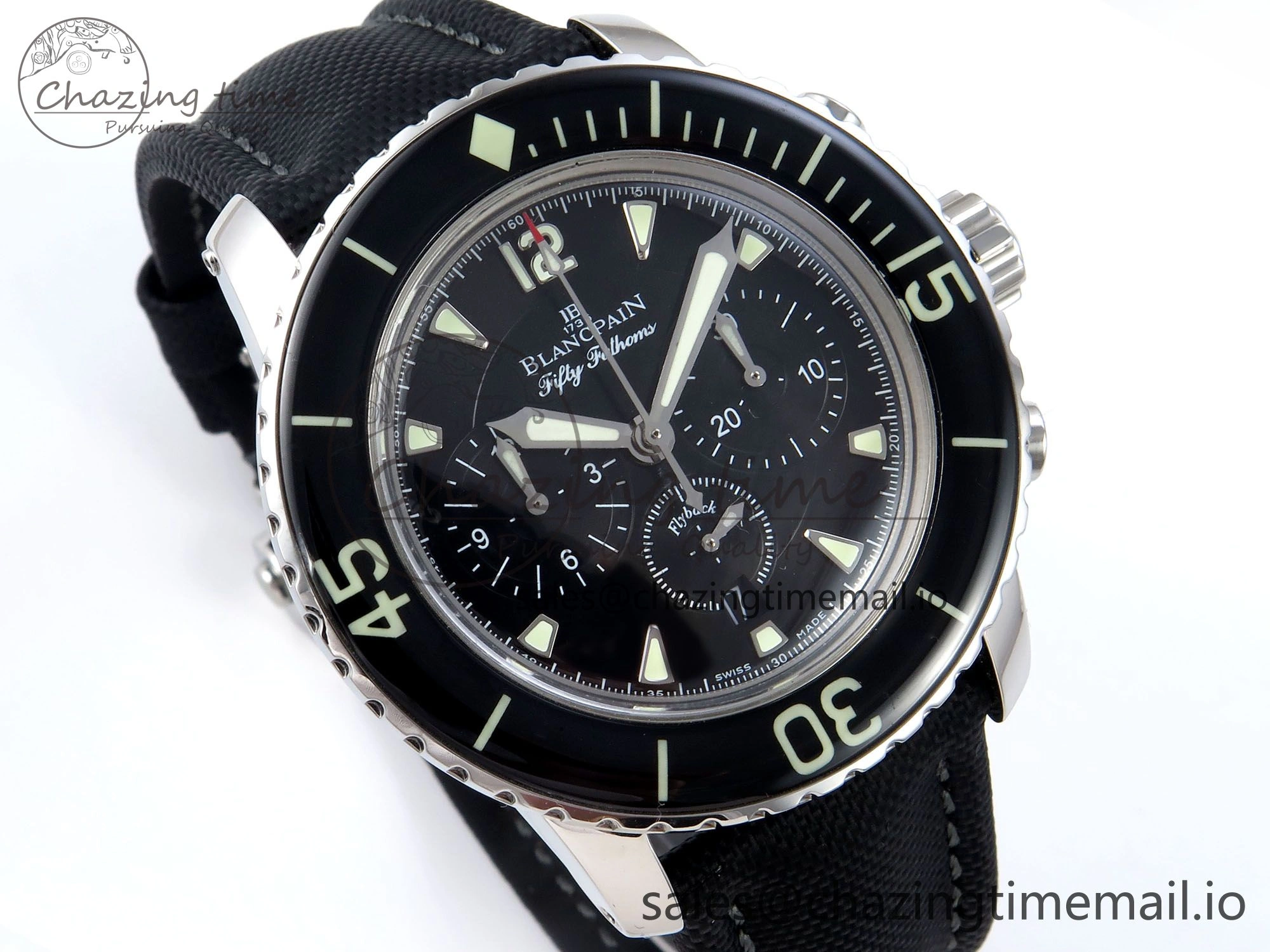 Fifty Fathoms Chrono SS OMF 1:1 Best Edition Black Dial on Black Sail-canvas Strap A Sustainable 5259