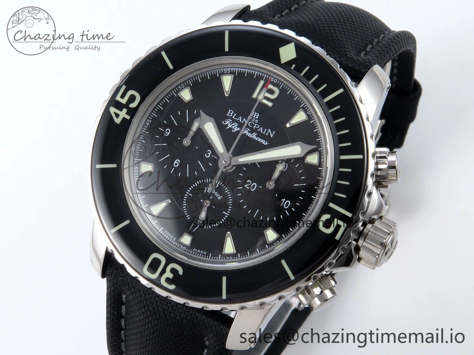 Fifty Fathoms Chrono SS OMF 1:1 Best Edition Black Dial on Black Sail-canvas Strap A Sustainable 5259