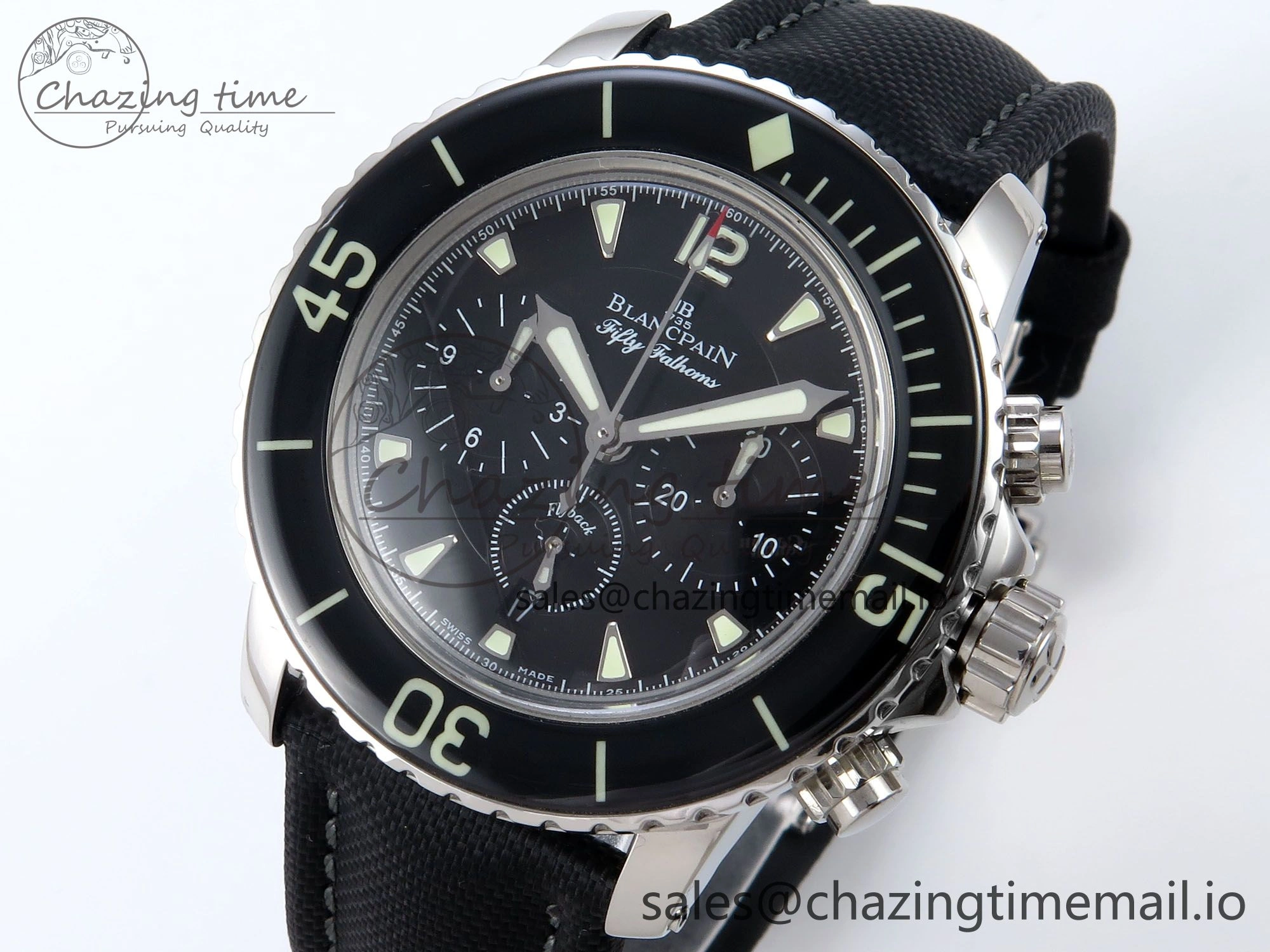 Fifty Fathoms Chrono SS OMF 1:1 Best Edition Black Dial on Black Sail-canvas Strap A Sustainable 5259
