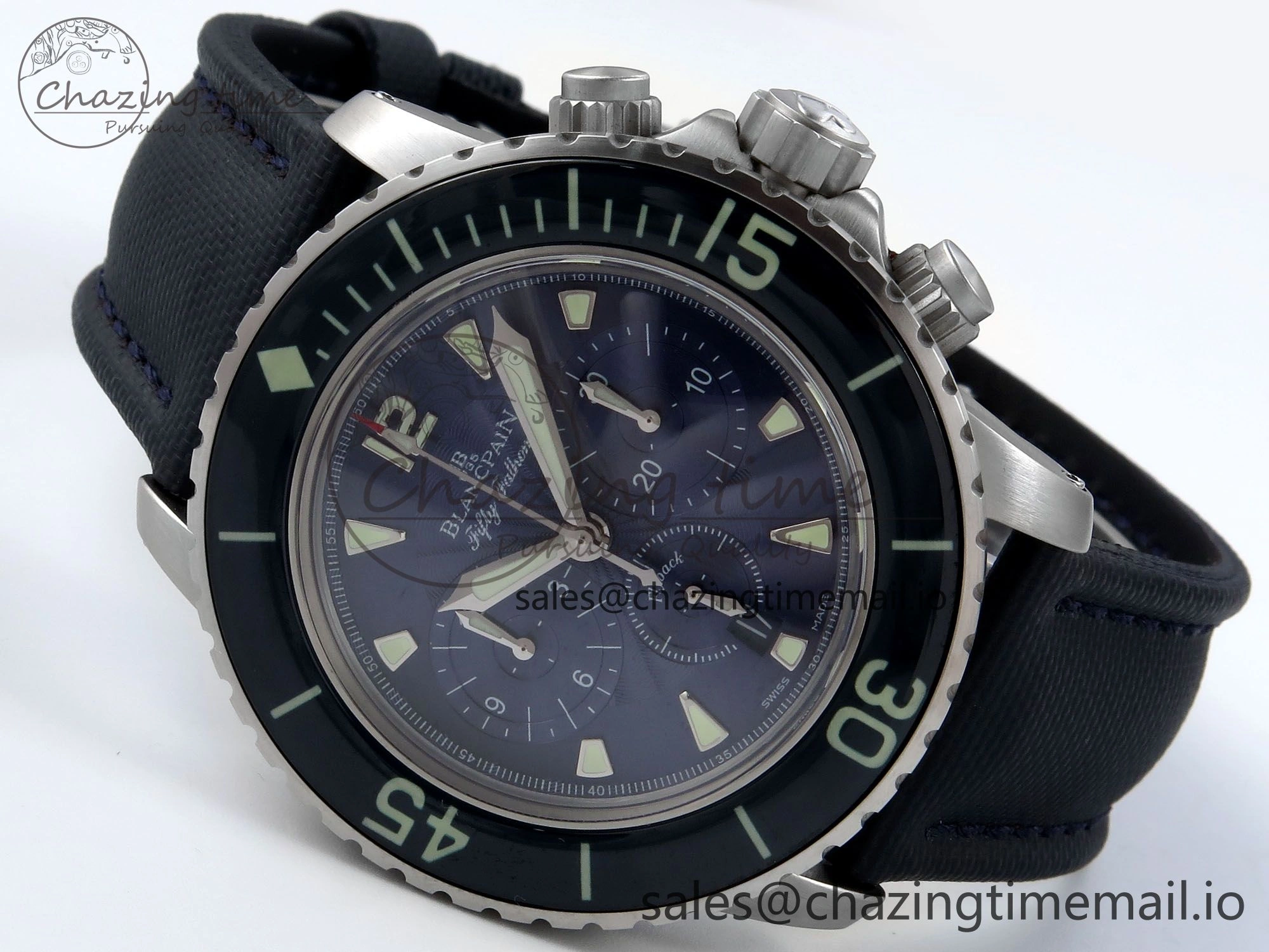 Fifty Fathoms Chrono SS OMF 1:1 Best Edition Blue Dial on Blue Sail-canvas Strap A Affordable 5261