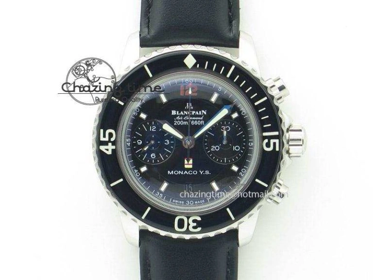 BestValue Fifty Fathoms Chronograph Monaco SS Black Dial On Black Leather Strap A 5315