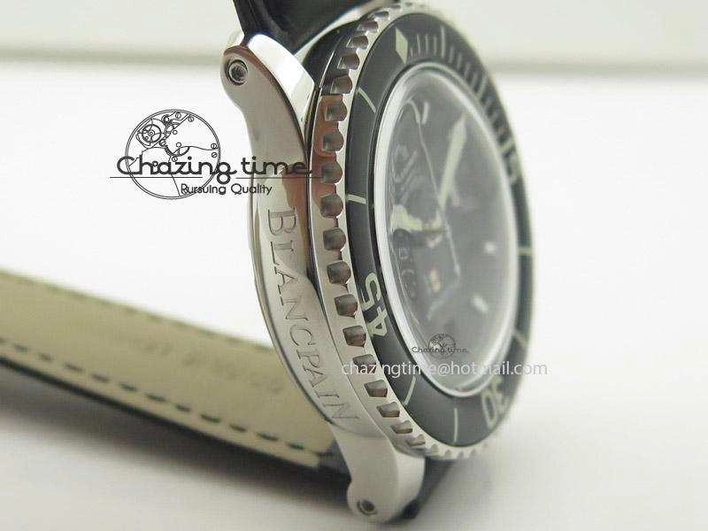 BestValue Fifty Fathoms Chronograph Monaco SS Black Dial On Black Leather Strap A 5315