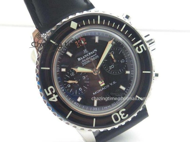 BestValue Fifty Fathoms Chronograph Monaco SS Black Dial On Black Leather Strap A 5315