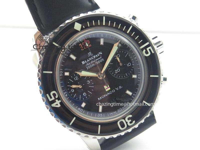 BestValue Fifty Fathoms Chronograph Monaco SS Black Dial On Black Leather Strap A 5315