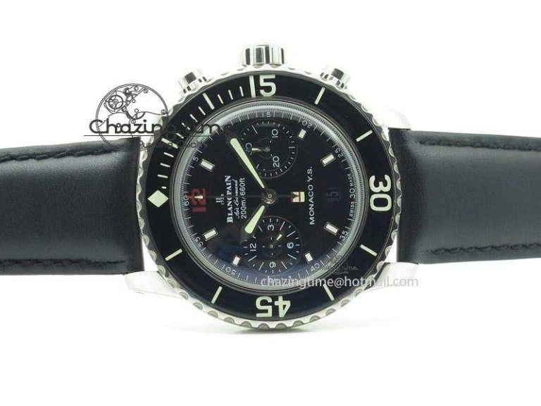 BestValue Fifty Fathoms Chronograph Monaco SS Black Dial On Black Leather Strap A 5315