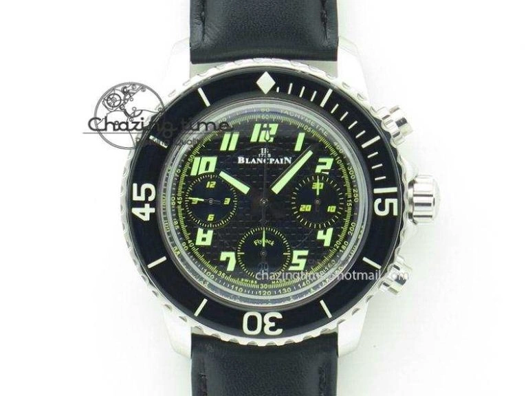 Affordable Fifty Fathoms Chronograph SS Black Number Markers Dial On Black Leather Strap A 5318