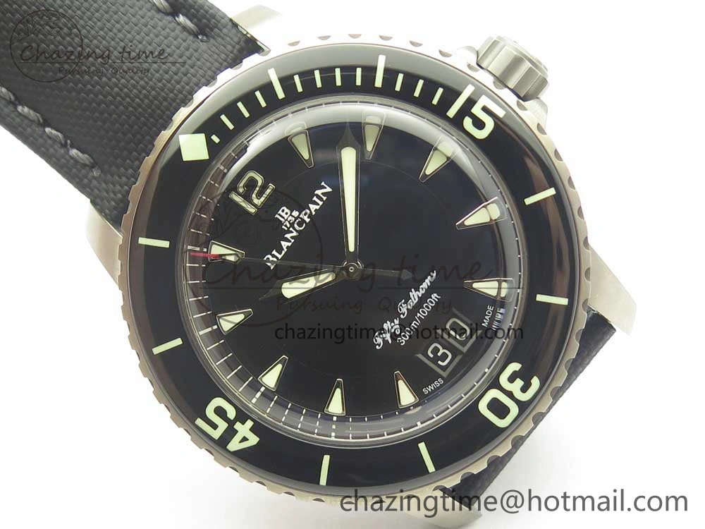 MultiPurpose Fifty Fathoms Titanium Big Date Black HGF Best Edition Black Dial on Sail-canvas Strap A6918B (Free Tool And Nylon Strap) 5285