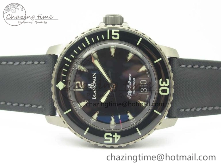 MultiPurpose Fifty Fathoms Titanium Big Date Black HGF Best Edition Black Dial on Sail-canvas Strap A6918B (Free Tool And Nylon Strap) 5285