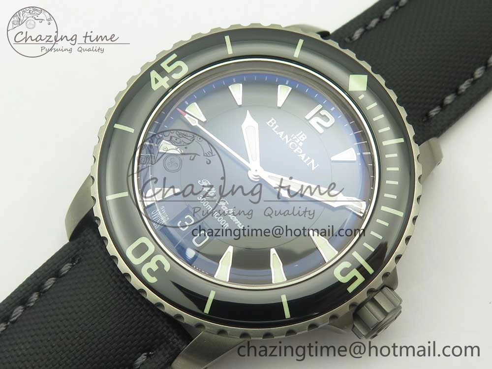 MultiPurpose Fifty Fathoms Titanium Big Date Black HGF Best Edition Black Dial on Sail-canvas Strap A6918B (Free Tool And Nylon Strap) 5285