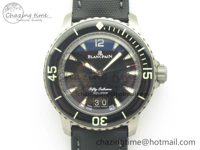 MultiPurpose Fifty Fathoms Titanium Big Date Black HGF Best Edition Black Dial on Sail-canvas Strap A6918B (Free Tool And Nylon Strap) 5285