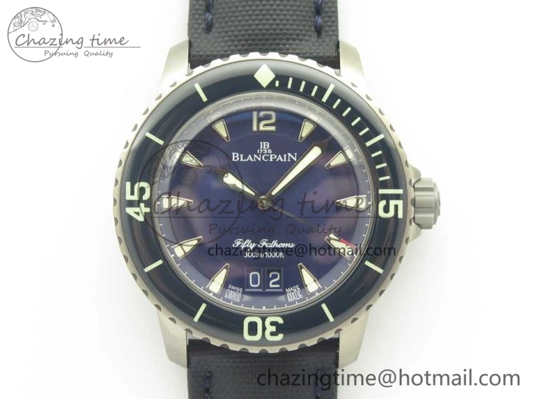 FlexibleFit Fifty Fathoms Titanium Big Date Blue HGF Best Edition Blue Dial on Sail-canvas Strap A6918B (Free Tool And Nylon Strap) 5282