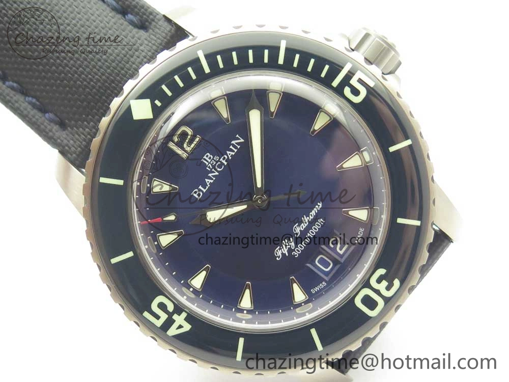 FlexibleFit Fifty Fathoms Titanium Big Date Blue HGF Best Edition Blue Dial on Sail-canvas Strap A6918B (Free Tool And Nylon Strap) 5282
