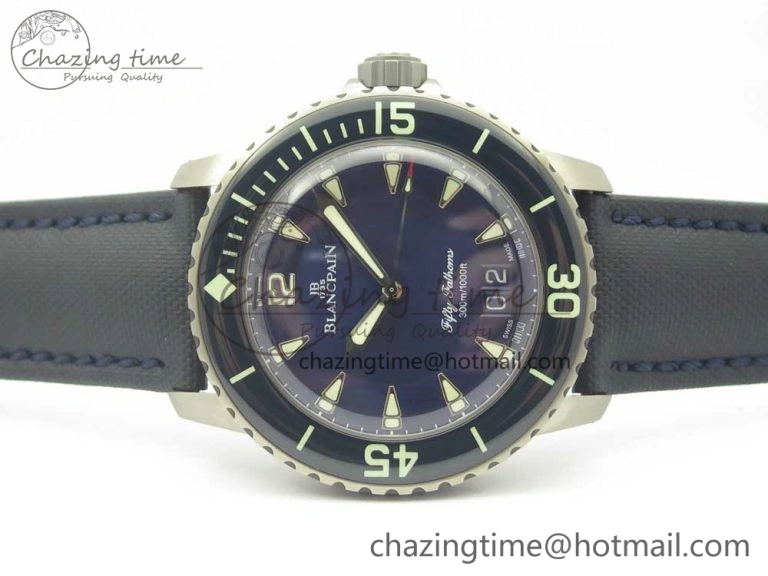 FlexibleFit Fifty Fathoms Titanium Big Date Blue HGF Best Edition Blue Dial on Sail-canvas Strap A6918B (Free Tool And Nylon Strap) 5282
