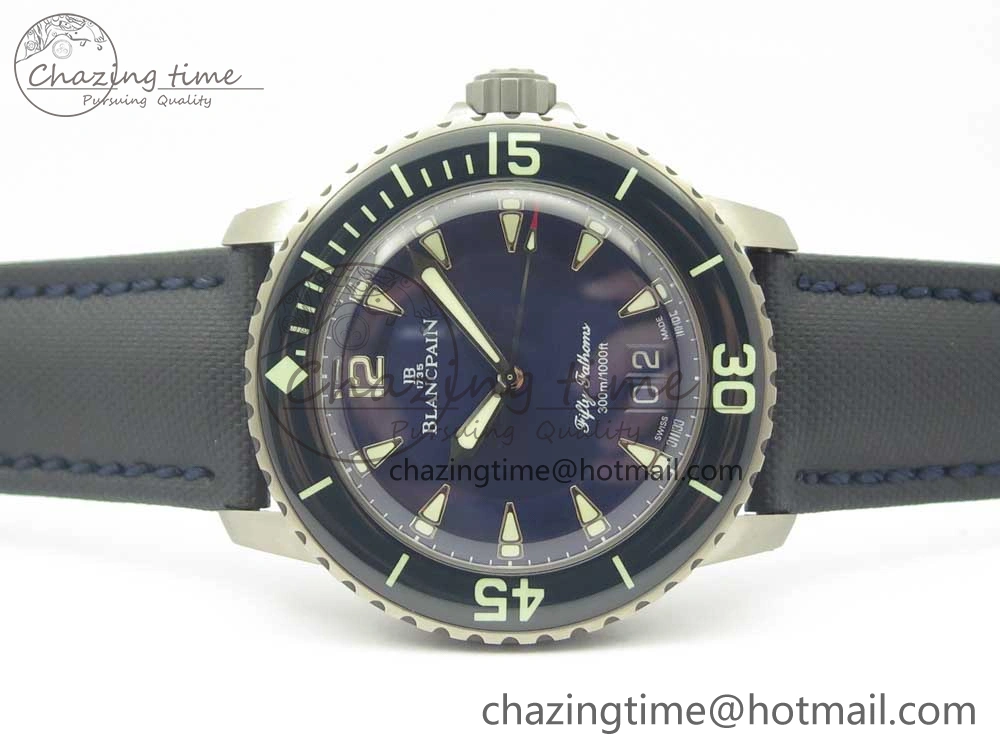 FlexibleFit Fifty Fathoms Titanium Big Date Blue HGF Best Edition Blue Dial on Sail-canvas Strap A6918B (Free Tool And Nylon Strap) 5282