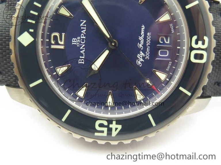 FlexibleFit Fifty Fathoms Titanium Big Date Blue HGF Best Edition Blue Dial on Sail-canvas Strap A6918B (Free Tool And Nylon Strap) 5282