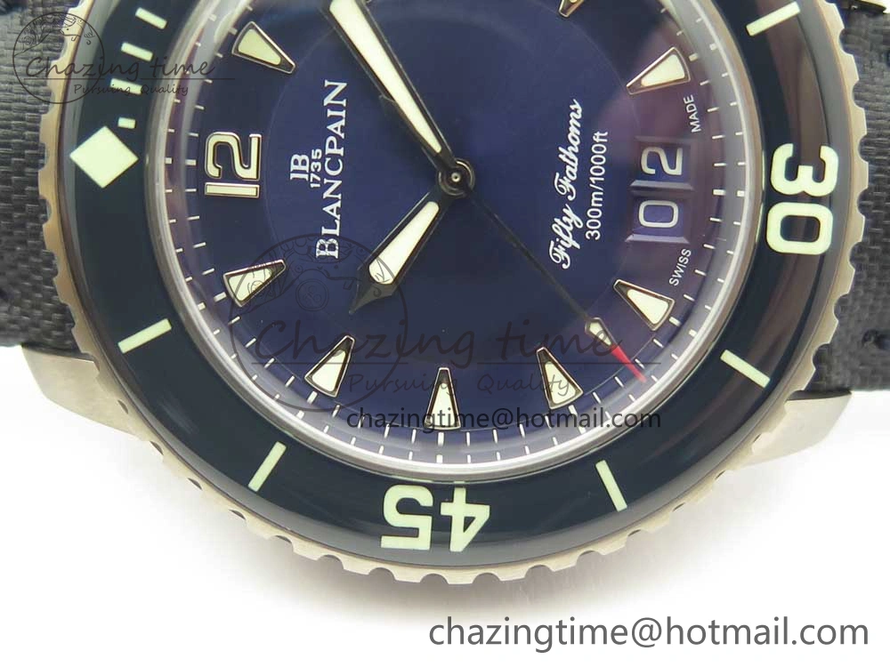 FlexibleFit Fifty Fathoms Titanium Big Date Blue HGF Best Edition Blue Dial on Sail-canvas Strap A6918B (Free Tool And Nylon Strap) 5282