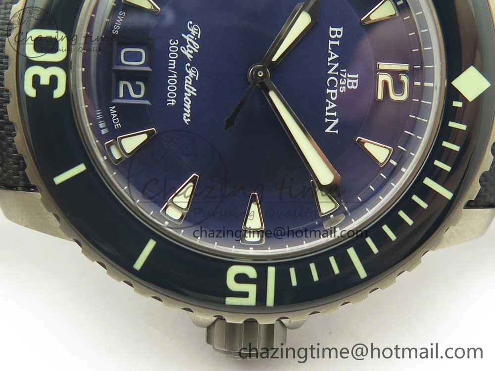 FlexibleFit Fifty Fathoms Titanium Big Date Blue HGF Best Edition Blue Dial on Sail-canvas Strap A6918B (Free Tool And Nylon Strap) 5282