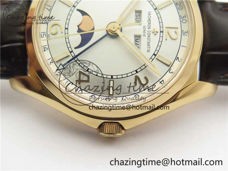 Fiftysix Complete Calendar RG 40mm ZF 1:1 Best Edition White Dial on Brown Leather Strap A WeatherProof 9906
