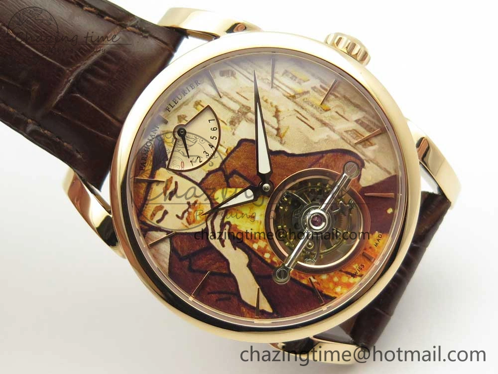 Fleurier Tonda Tourbillon Woodrock RG Real PR JBF Best Edition Red Man Dial on Brown Leather Strap Breathable 8614