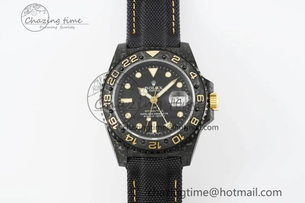 SoftTouch GMT Carbon DIWF Best Edition Black Textured Dial YG Markers on Black Nylon Strap SA3186 CHS 4695