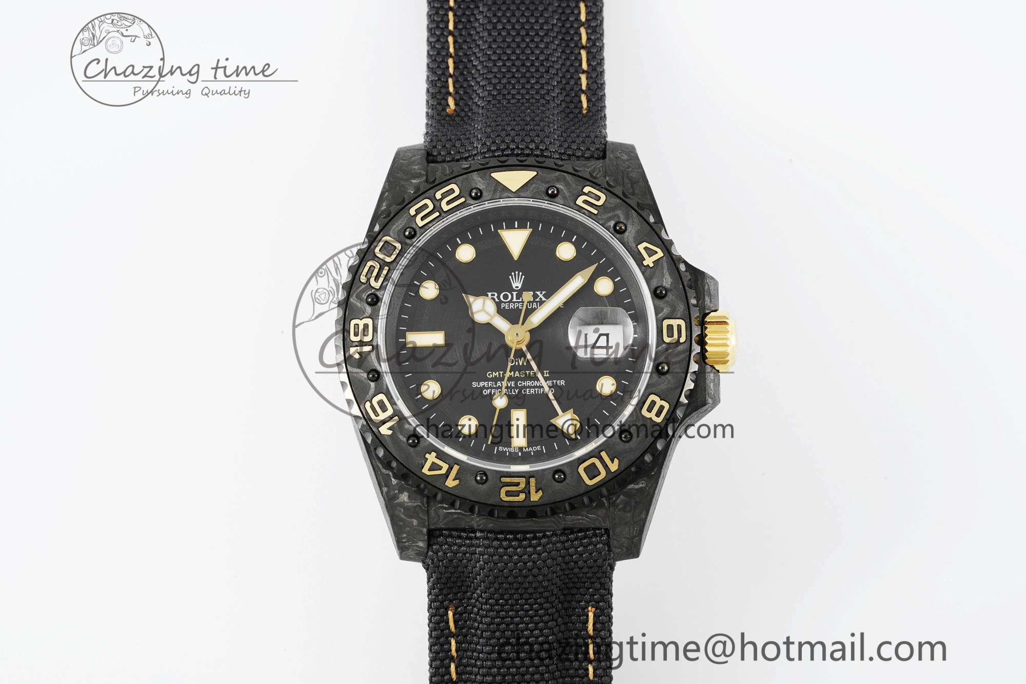 SoftTouch GMT Carbon DIWF Best Edition Black Textured Dial YG Markers on Black Nylon Strap SA3186 CHS 4695
