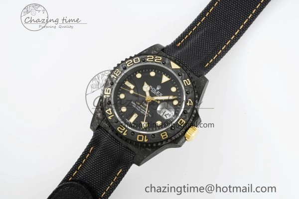 SoftTouch GMT Carbon DIWF Best Edition Black Textured Dial YG Markers on Black Nylon Strap SA3186 CHS 4695