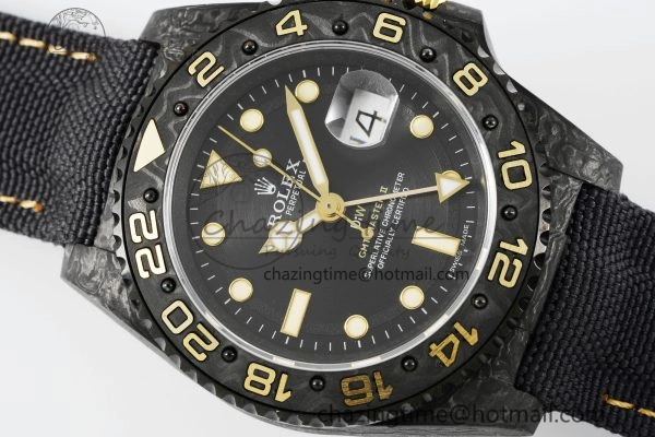 SoftTouch GMT Carbon DIWF Best Edition Black Textured Dial YG Markers on Black Nylon Strap SA3186 CHS 4695