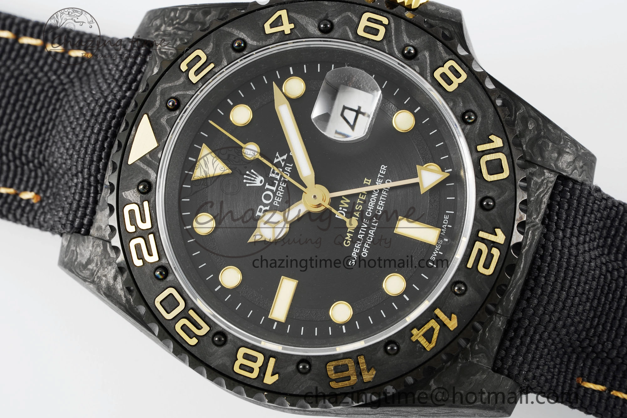 SoftTouch GMT Carbon DIWF Best Edition Black Textured Dial YG Markers on Black Nylon Strap SA3186 CHS 4695