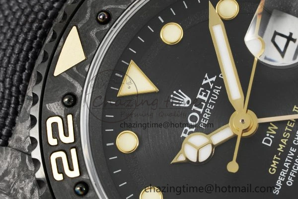 SoftTouch GMT Carbon DIWF Best Edition Black Textured Dial YG Markers on Black Nylon Strap SA3186 CHS 4695