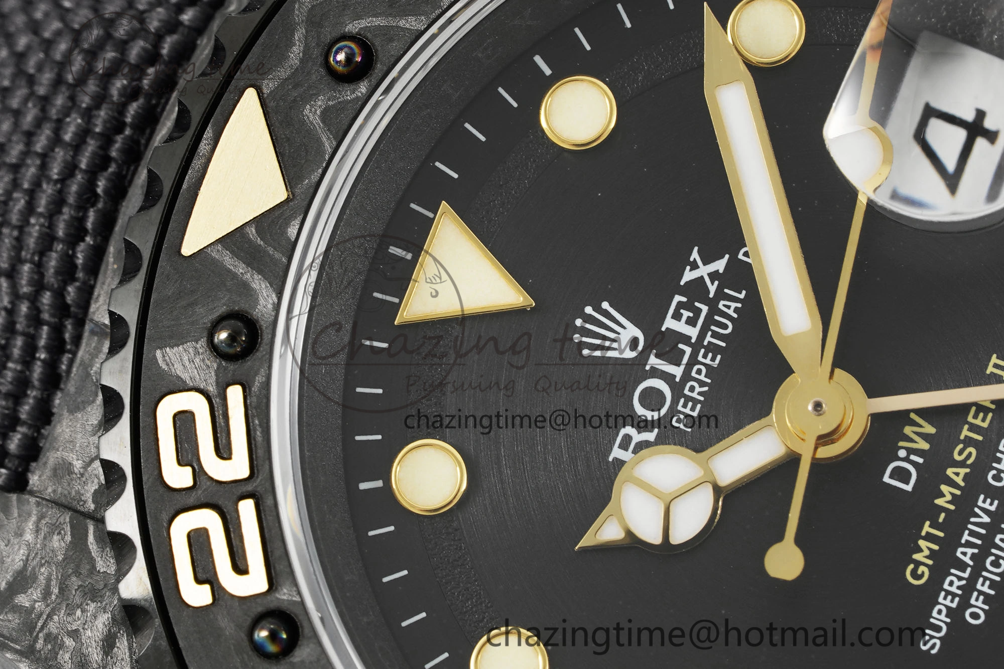 SoftTouch GMT Carbon DIWF Best Edition Black Textured Dial YG Markers on Black Nylon Strap SA3186 CHS 4695