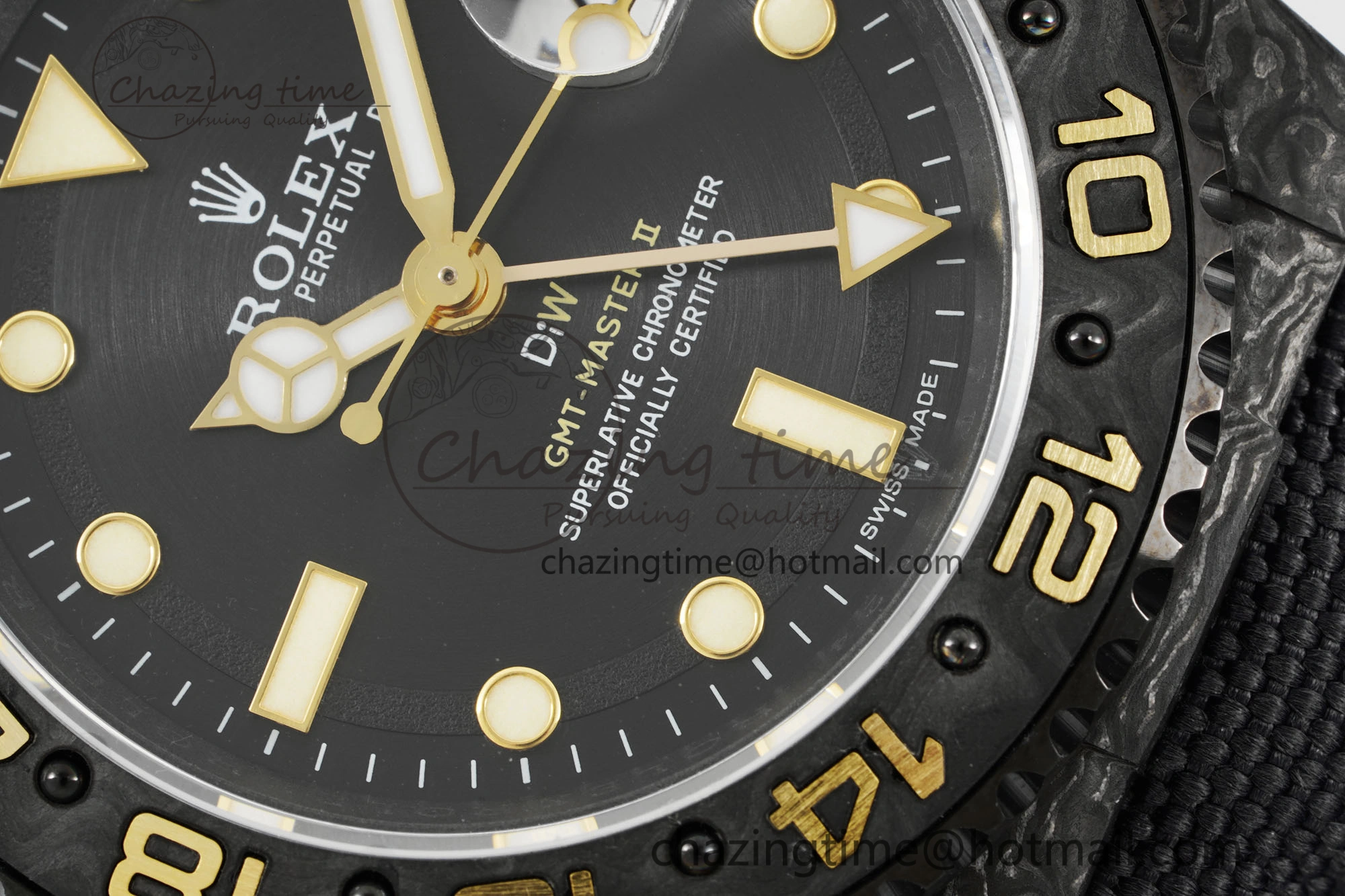 SoftTouch GMT Carbon DIWF Best Edition Black Textured Dial YG Markers on Black Nylon Strap SA3186 CHS 4695