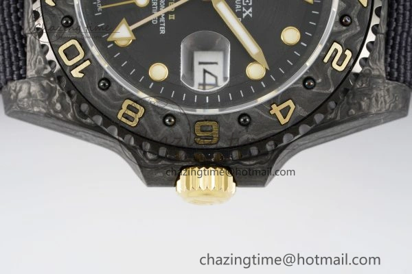 SoftTouch GMT Carbon DIWF Best Edition Black Textured Dial YG Markers on Black Nylon Strap SA3186 CHS 4695