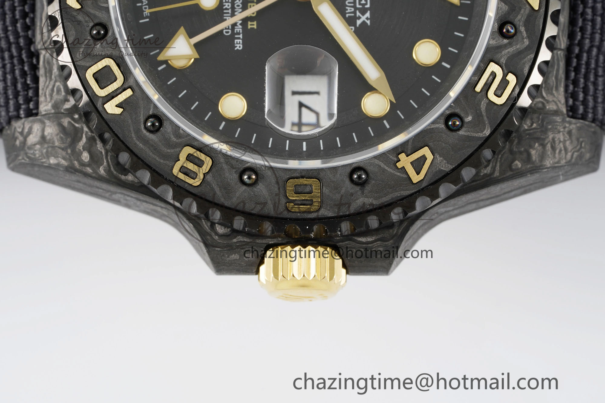 SoftTouch GMT Carbon DIWF Best Edition Black Textured Dial YG Markers on Black Nylon Strap SA3186 CHS 4695