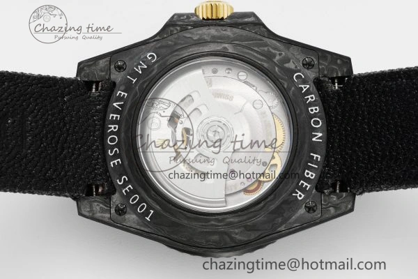 SoftTouch GMT Carbon DIWF Best Edition Black Textured Dial YG Markers on Black Nylon Strap SA3186 CHS 4695