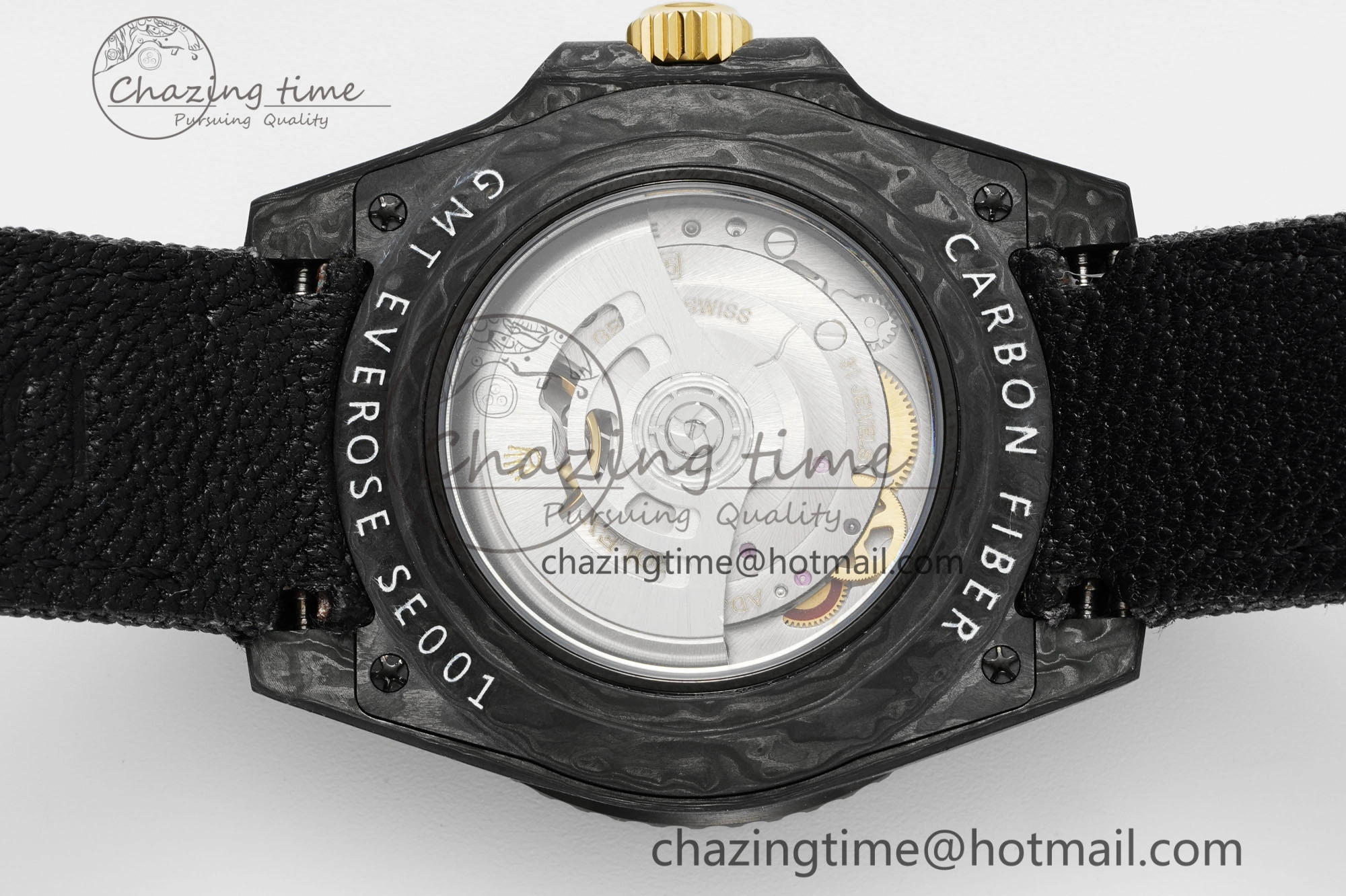 SoftTouch GMT Carbon DIWF Best Edition Black Textured Dial YG Markers on Black Nylon Strap SA3186 CHS 4695