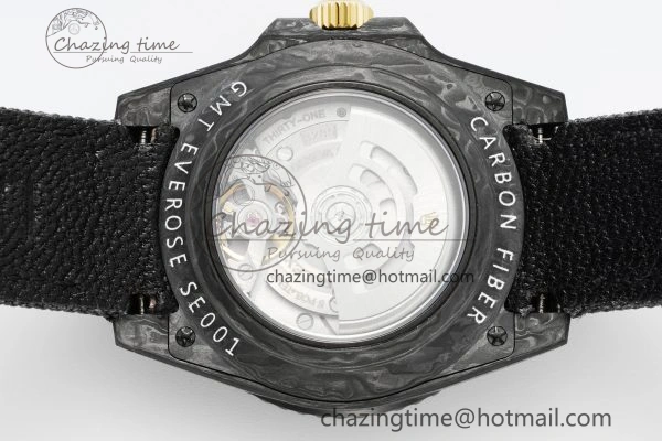 SoftTouch GMT Carbon DIWF Best Edition Black Textured Dial YG Markers on Black Nylon Strap SA3186 CHS 4695
