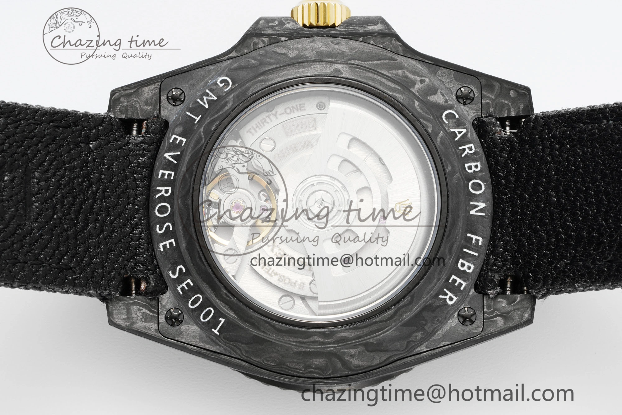 SoftTouch GMT Carbon DIWF Best Edition Black Textured Dial YG Markers on Black Nylon Strap SA3186 CHS 4695