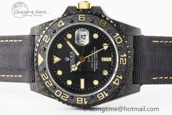 SoftTouch GMT Carbon DIWF Best Edition Black Textured Dial YG Markers on Black Nylon Strap SA3186 CHS 4695