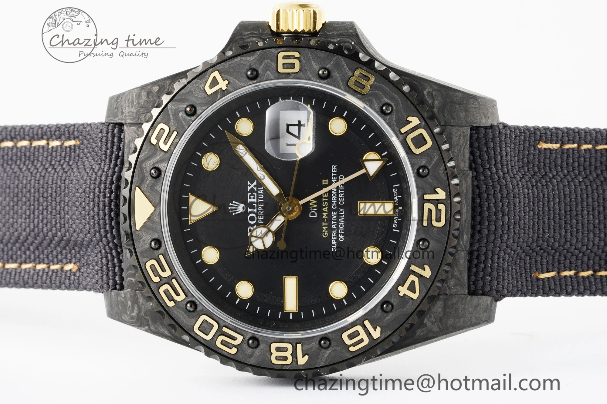 SoftTouch GMT Carbon DIWF Best Edition Black Textured Dial YG Markers on Black Nylon Strap SA3186 CHS 4695