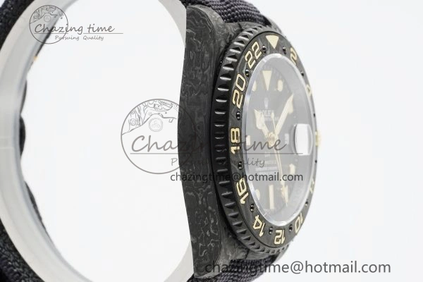 SoftTouch GMT Carbon DIWF Best Edition Black Textured Dial YG Markers on Black Nylon Strap SA3186 CHS 4695