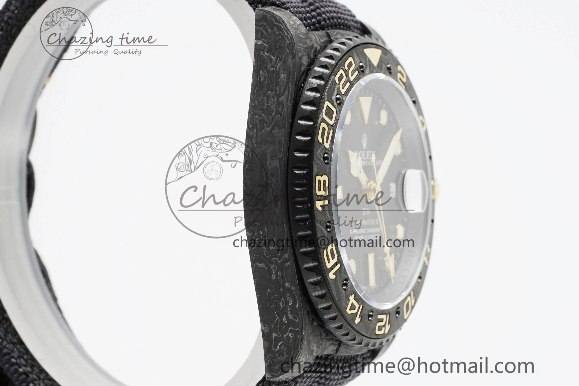 SoftTouch GMT Carbon DIWF Best Edition Black Textured Dial YG Markers on Black Nylon Strap SA3186 CHS 4695