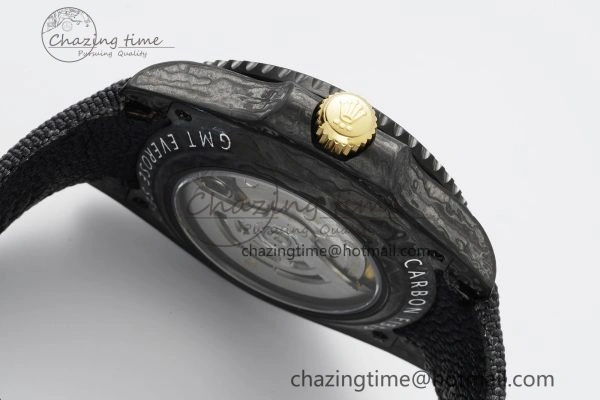 SoftTouch GMT Carbon DIWF Best Edition Black Textured Dial YG Markers on Black Nylon Strap SA3186 CHS 4695
