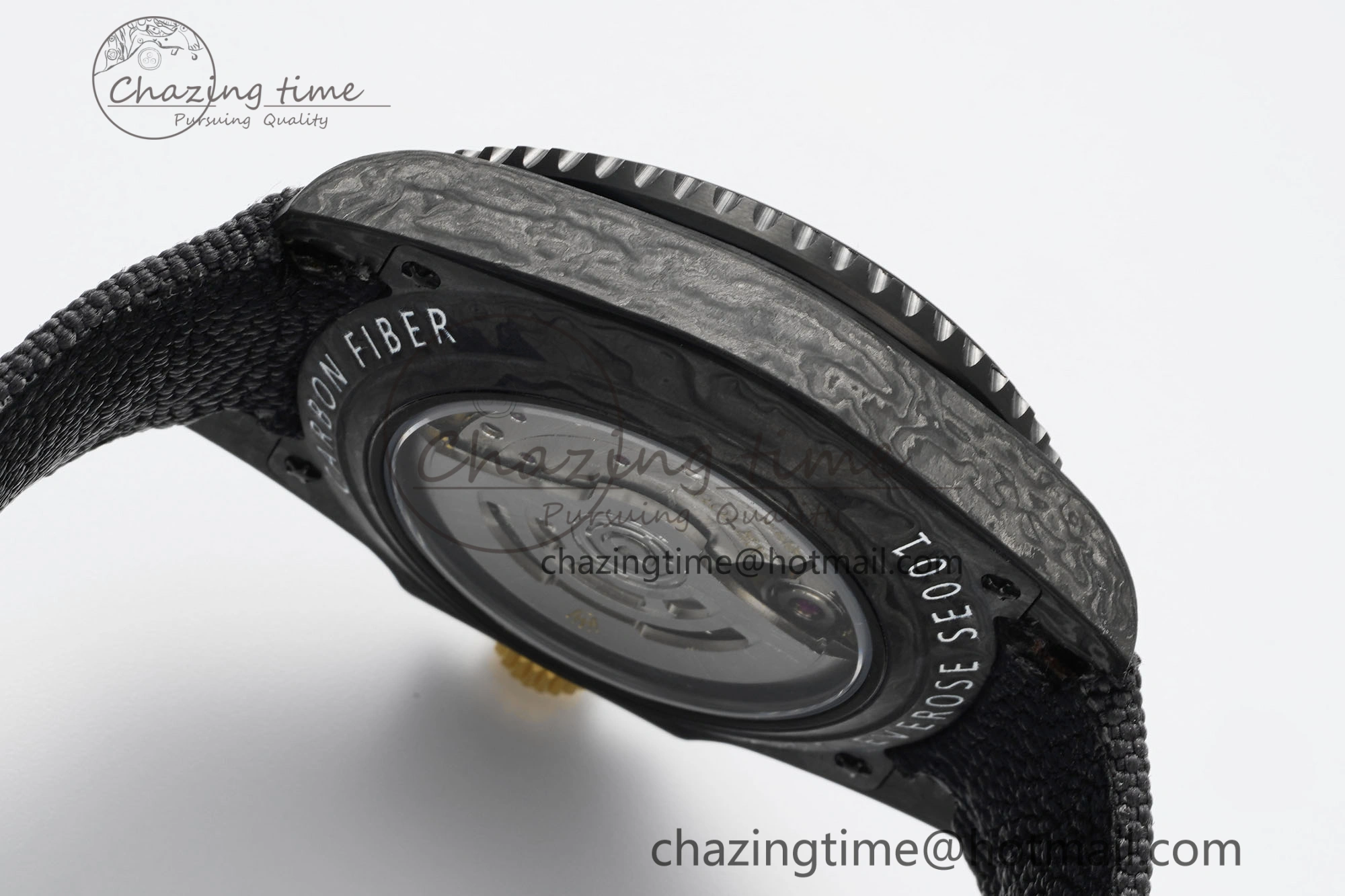 SoftTouch GMT Carbon DIWF Best Edition Black Textured Dial YG Markers on Black Nylon Strap SA3186 CHS 4695