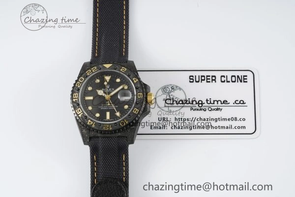 SoftTouch GMT Carbon DIWF Best Edition Black Textured Dial YG Markers on Black Nylon Strap SA3186 CHS 4695