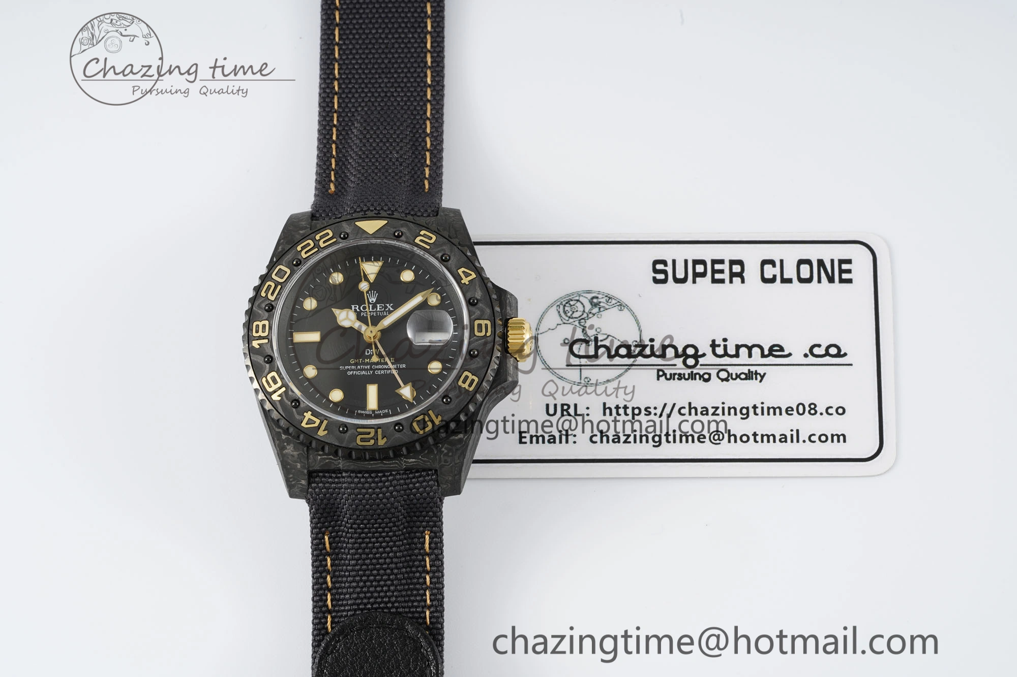 SoftTouch GMT Carbon DIWF Best Edition Black Textured Dial YG Markers on Black Nylon Strap SA3186 CHS 4695